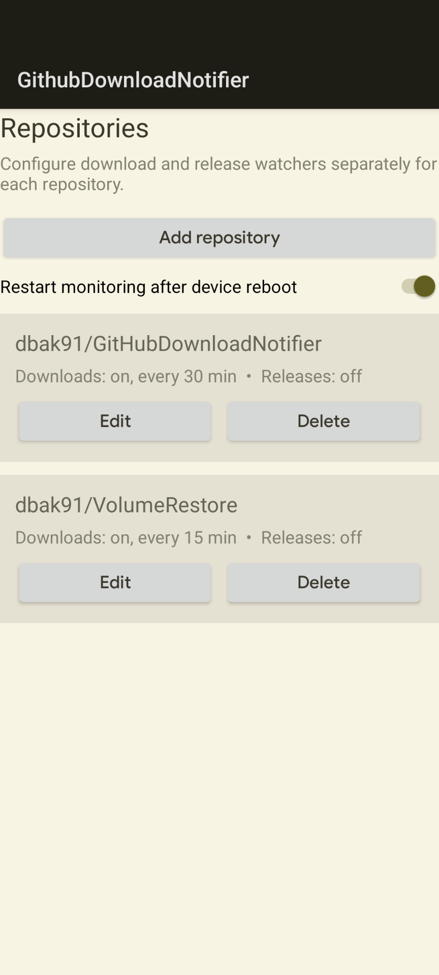 Screenshot of the GitHubDownloadNotifier Android app