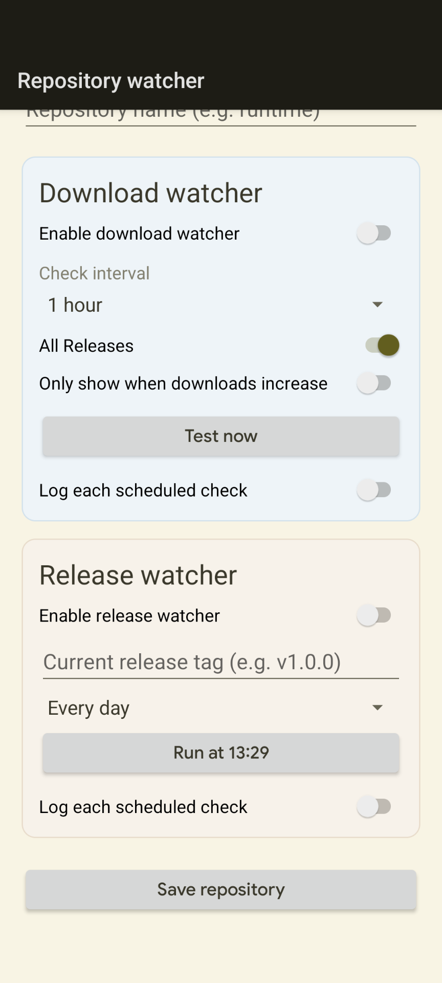 Screenshot of the GitHubDownloadNotifier Android app