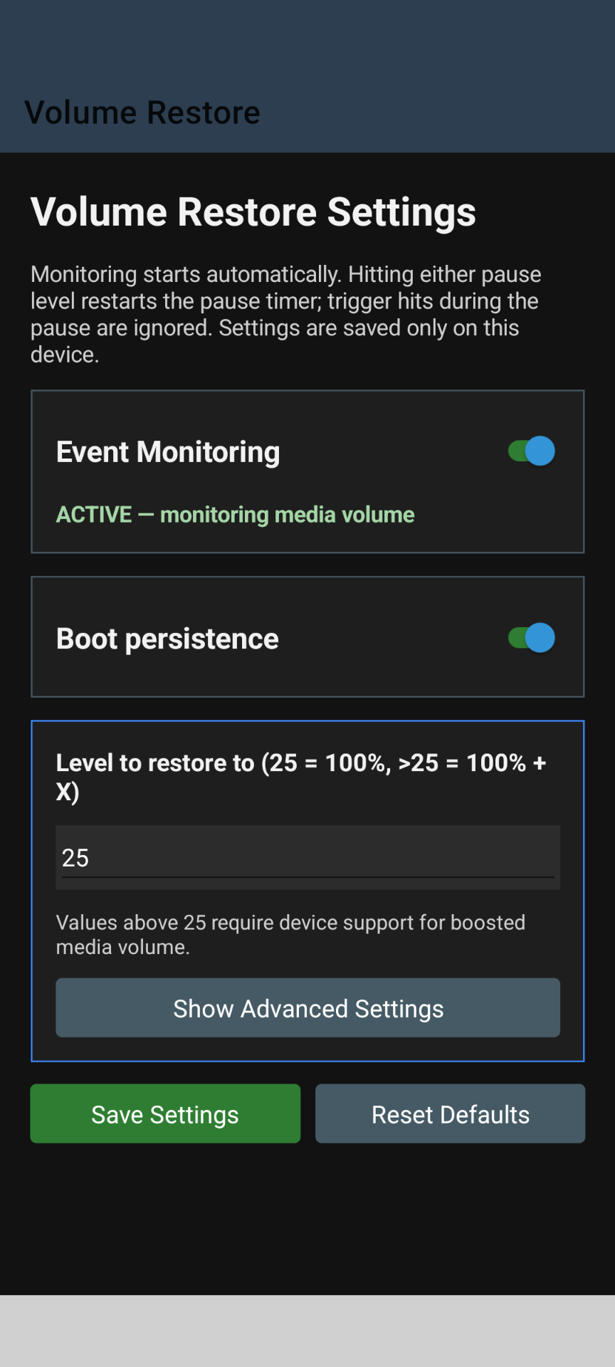 Screenshot of the VolumeRestore Android app